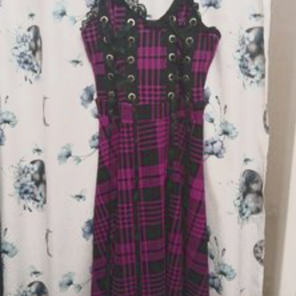 Purple nd Black Lace Up Plaid Fit and Flare Dress